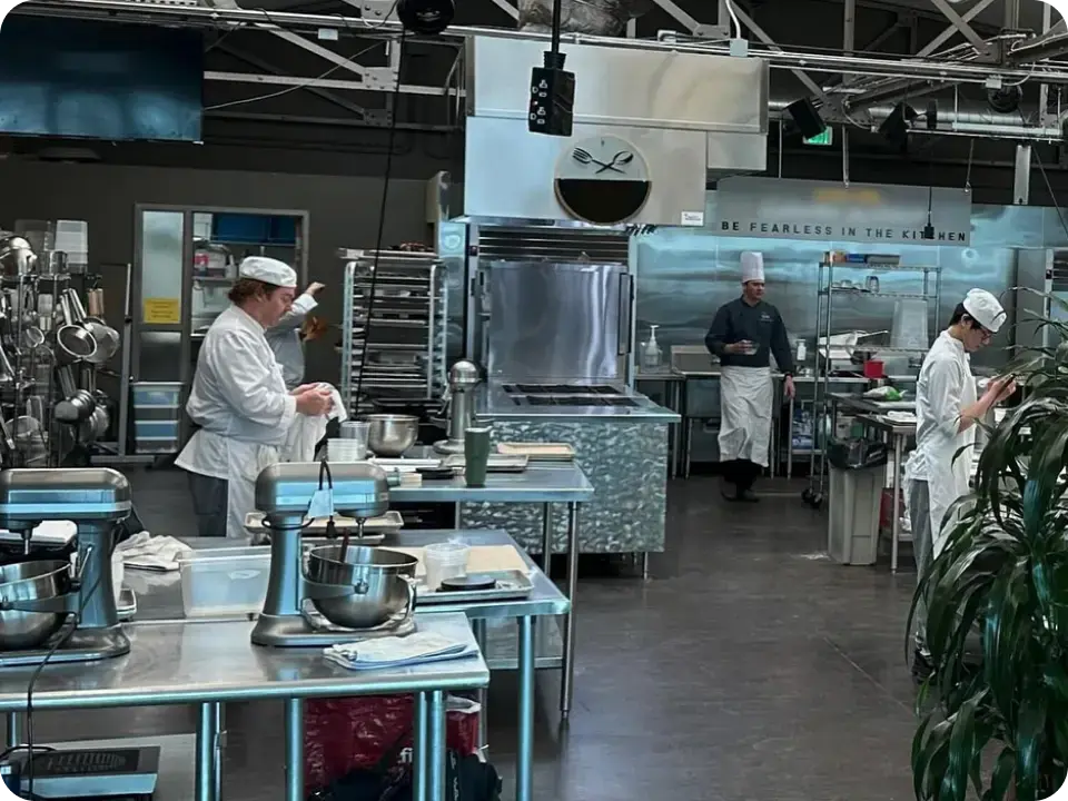 Culinary class in a commercial teaching kitchen